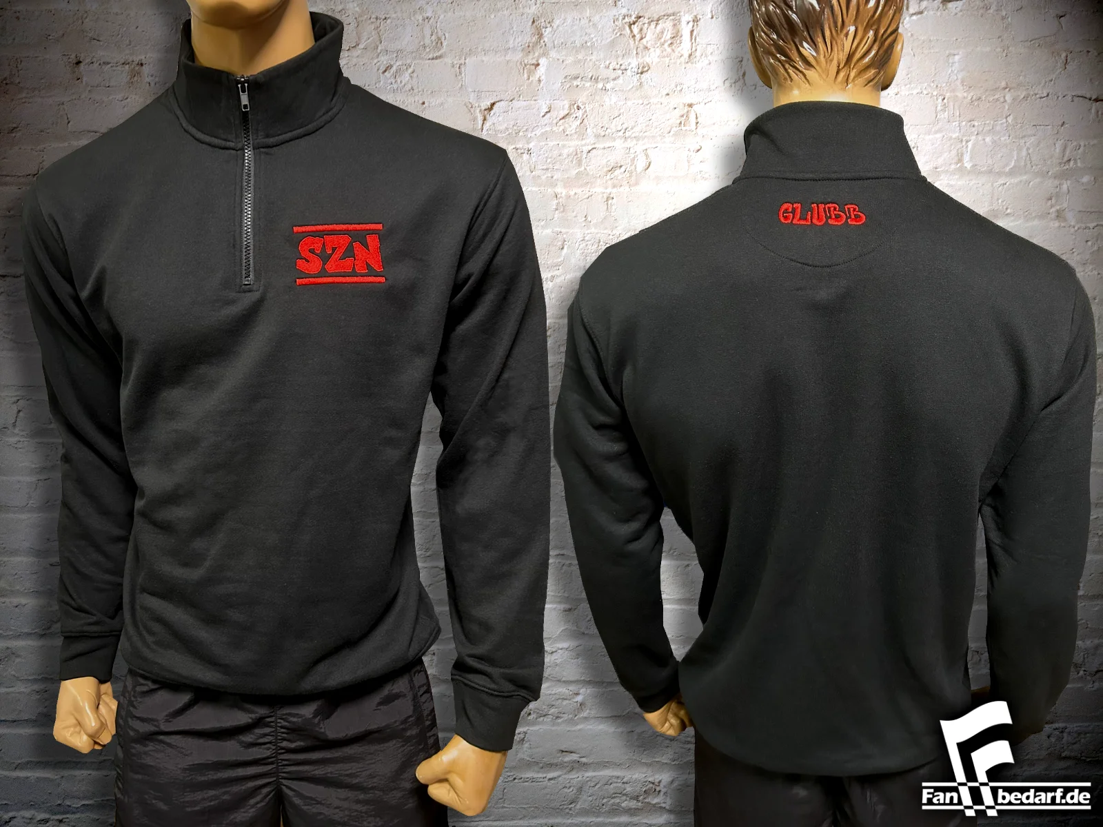 Individuell bestickter 3/4 Zip Sweater mit dem Fanclublogo des Nürnberger Fanclubs Szenerie Nord (SZN OFCN-Nr. # 743) ✯ individuelle Fankleidung