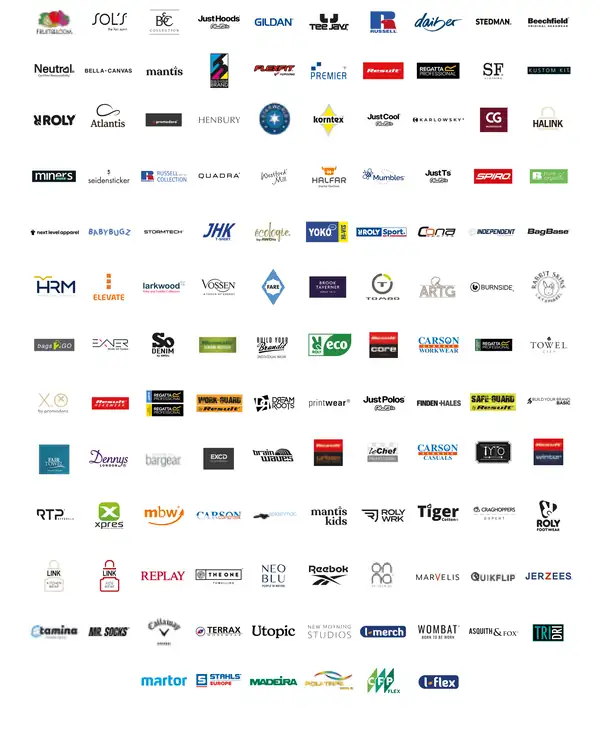 Markenbanner mit Logos von Sol’s, Russell, Brandit und FlexFit – Qualität für Fanartikel