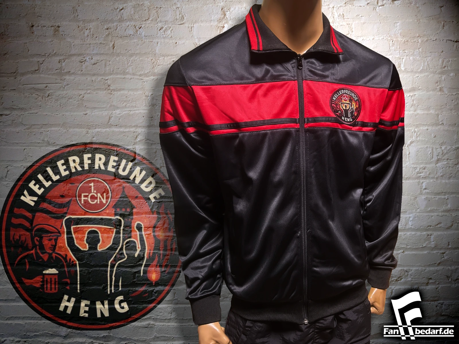 KF_Heng ✯ Fanbedarf.de Track-Top Trainingsjacke im schwarz roten Balken-Design. Individuell nach Wunsch gefertigt. Mit gesticktem Fanclublogo der Kellerfreunde Heng. ✯ individuelle Fankleidung