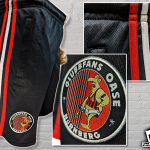 Schwarze Shorts Glubbfans Oase Nürnberg – individuell gewebter Fanclub Patch und farbige Kontrast-Streifen von Fanbedarf.de