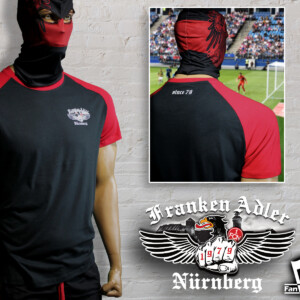 Schwarz-rotes Raglan-Shirt mit Fanclublogo Franken Adler Nürnberg – individuelles Teamshirt.