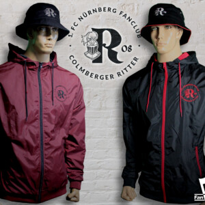 Bordeauxrote und schwarze Windbreaker mit Kapuze, kombiniert mit Fanclub Fischerhüten – individuell gestaltet für Colmberger Ritter.