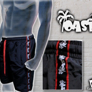 Schwarze Bade-Shorts mit seitlichem Band-Design und rotem Kordelzug, individuell gefertigt für Fanclub Oase.