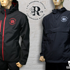 Zwei Fanclub-Jacken – Hochwertige Softshell mit rotem Zipper und Anorak jeweils mit gesticktem Brustlogo – angefertigt für Colmberger Ritter.