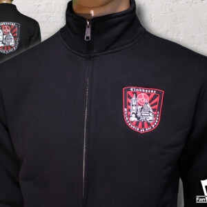Schwarze Sweatjacke mit Stehkragen, besticktem Cluberer Rothenburg Fanclublogo Patch auf der Brust und großem Rückenaufdruck.