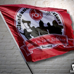 Individuell gestaltete rote Schwenkfahne für OFCN Fanclub Clubfrauen Supporters mit Logo und Motto mutig bis zum Schluss