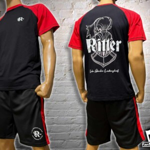 Individuell gestaltetes rot-schwarzes Raglan Shirt mit passenden Shorts für OFCN Fanclub Colmberger Ritter